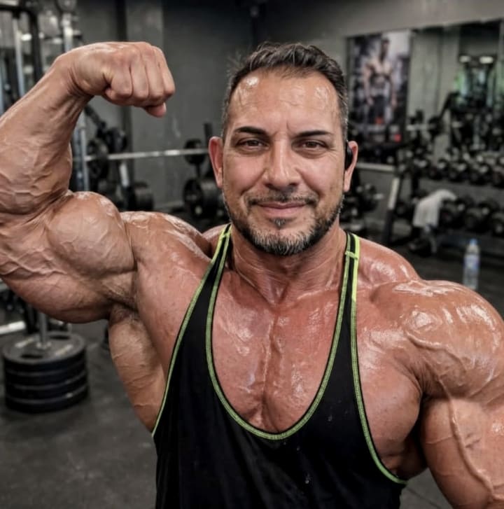 Carlo, 49 anni, in palestra con la canotta nera mentre contrae il bicipite